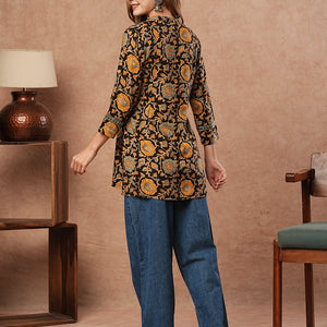 Floral Printed & Mirror Embroidered Straight Fit Kurti - Black