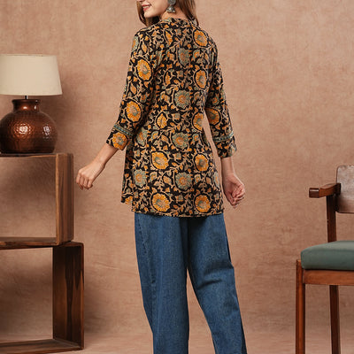 Floral Printed & Mirror Embroidered Straight Fit Kurti - Black