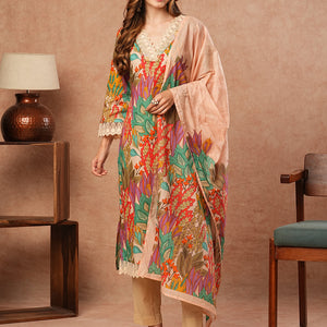 Floral Printed Resham Embroidered Lace Work Kurta with Pants & Dupatta - Multi