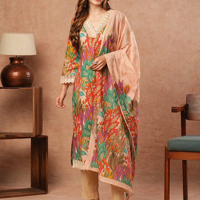 Floral Printed Resham Embroidered Lace Work Kurta with Pants & Dupatta - Multi