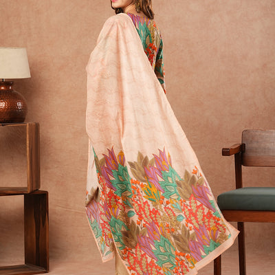 Floral Printed Resham Embroidered Lace Work Kurta with Pants & Dupatta - Multi