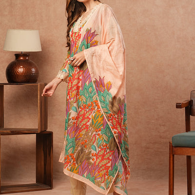 Floral Printed Resham Embroidered Lace Work Kurta with Pants & Dupatta - Multi