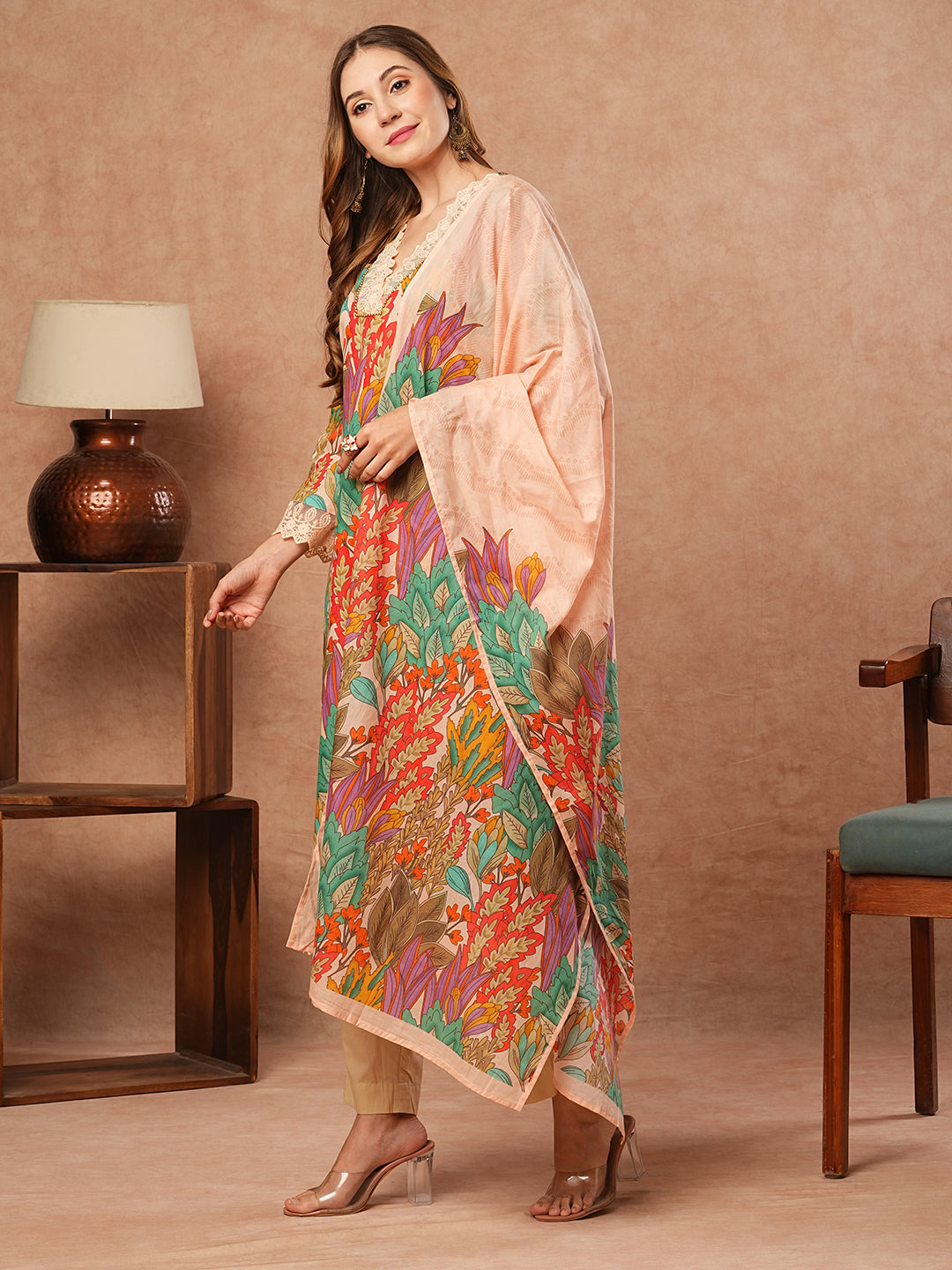 Floral Printed Resham Embroidered Lace Work Kurta with Pants & Dupatta - Multi