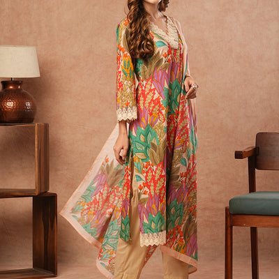 Floral Printed Resham Embroidered Lace Work Kurta with Pants & Dupatta - Multi