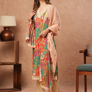 Floral Printed Resham Embroidered Lace Work Kurta with Pants & Dupatta - Multi