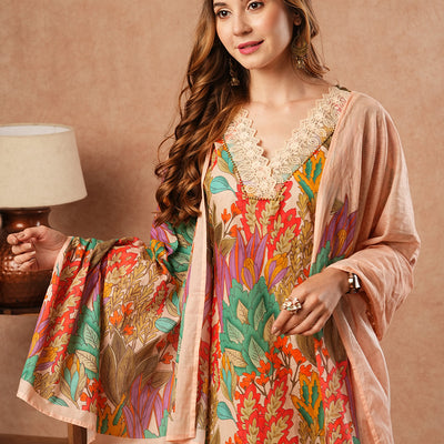 Floral Printed Resham Embroidered Lace Work Kurta with Pants & Dupatta - Multi