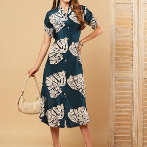 Floral Printed A-Line Midi Dress - Teal Blue