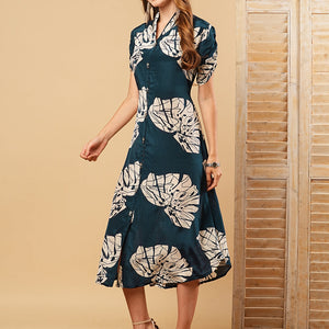 Floral Printed A-Line Midi Dress - Teal Blue