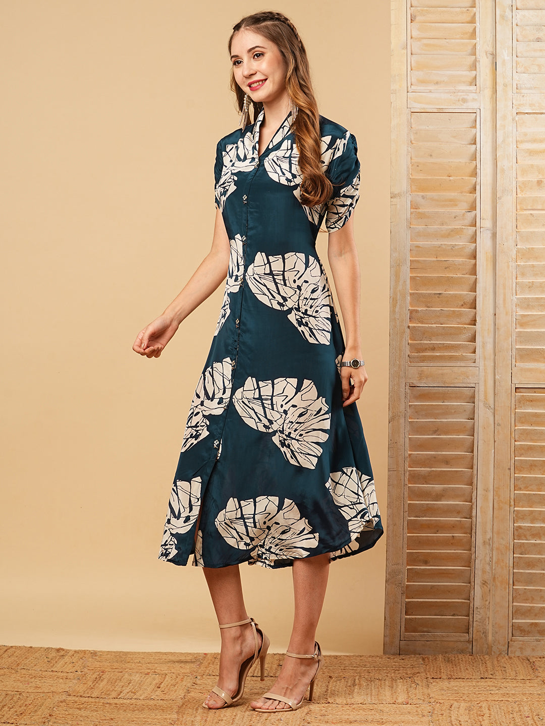 Floral Printed A-Line Midi Dress - Teal Blue