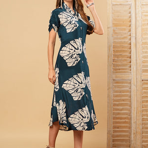 Floral Printed A-Line Midi Dress - Teal Blue