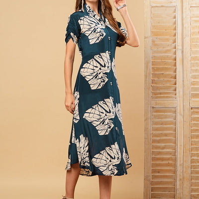 Floral Printed A-Line Midi Dress - Teal Blue