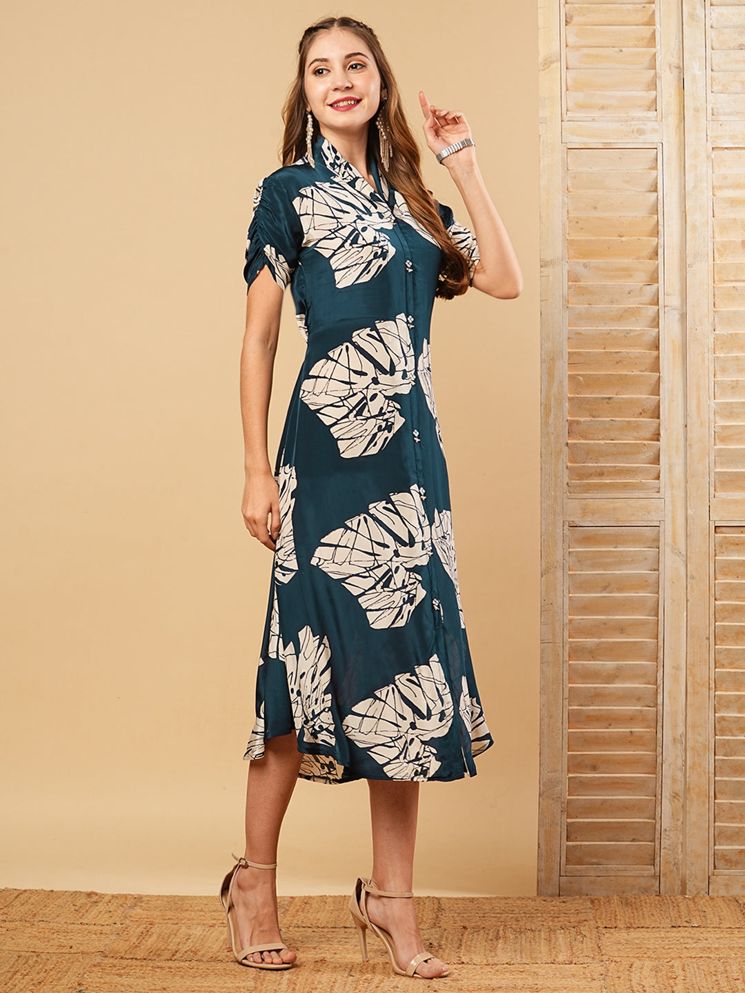 Floral Printed A-Line Midi Dress - Teal Blue