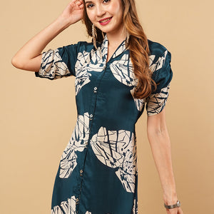 Floral Printed A-Line Midi Dress - Teal Blue