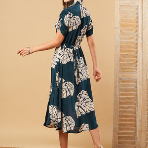 Floral Printed A-Line Midi Dress - Teal Blue