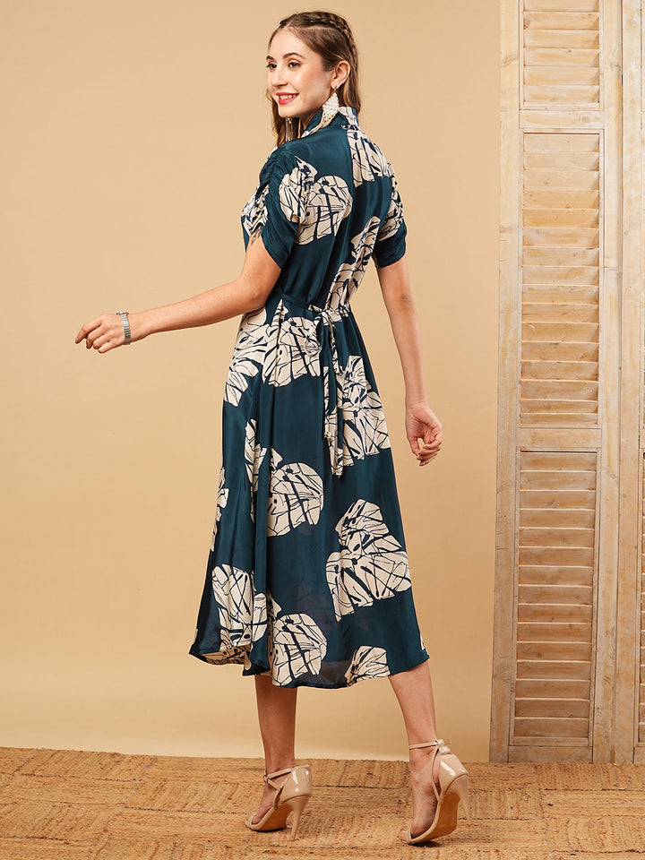 Floral Printed A-Line Midi Dress - Teal Blue