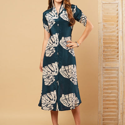 Floral Printed A-Line Midi Dress - Teal Blue