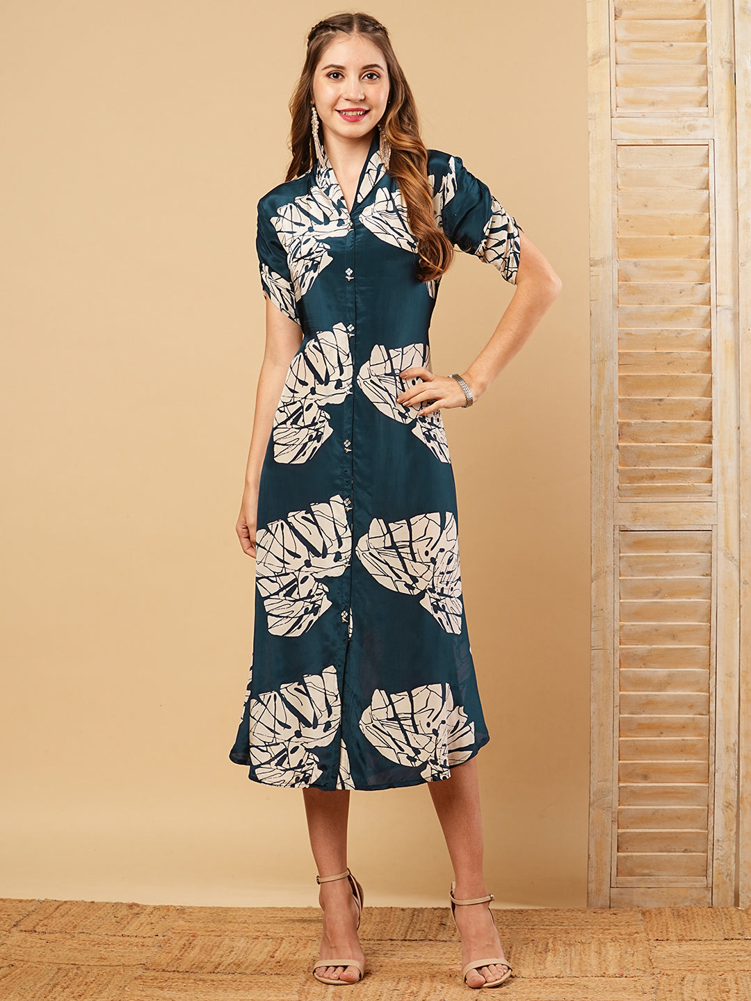 Floral Printed A-Line Midi Dress - Teal Blue