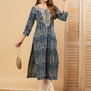Abstract Printed Resham & Sequins Embroidered Kurta - Blue