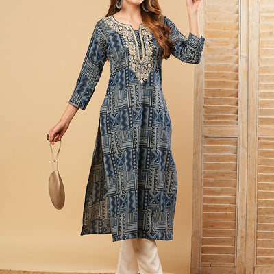 Abstract Printed Resham & Sequins Embroidered Kurta - Blue
