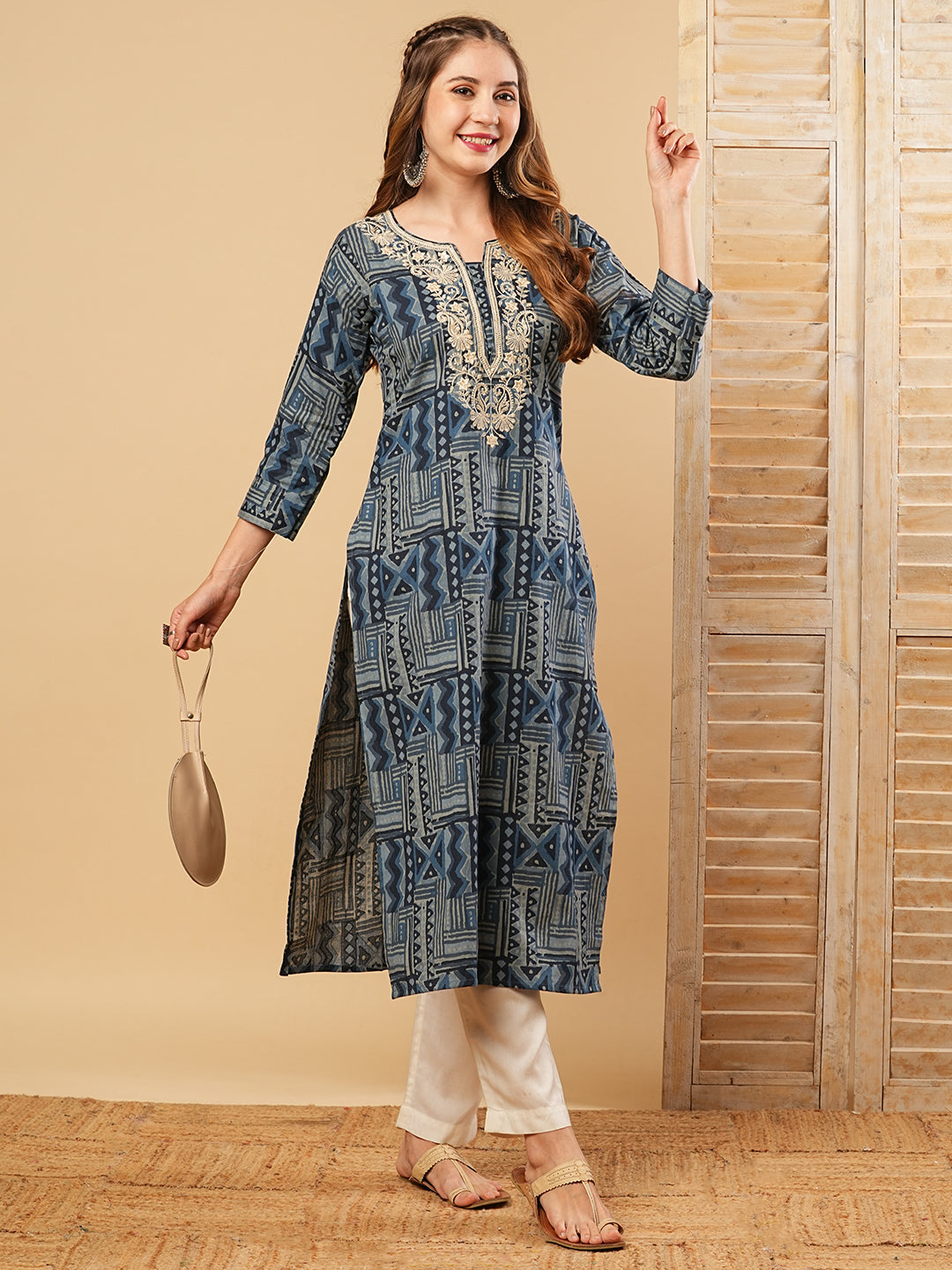 Abstract Printed Resham & Sequins Embroidered Kurta - Blue