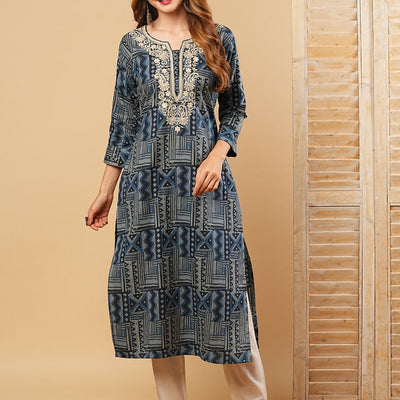 Abstract Printed Resham & Sequins Embroidered Kurta - Blue