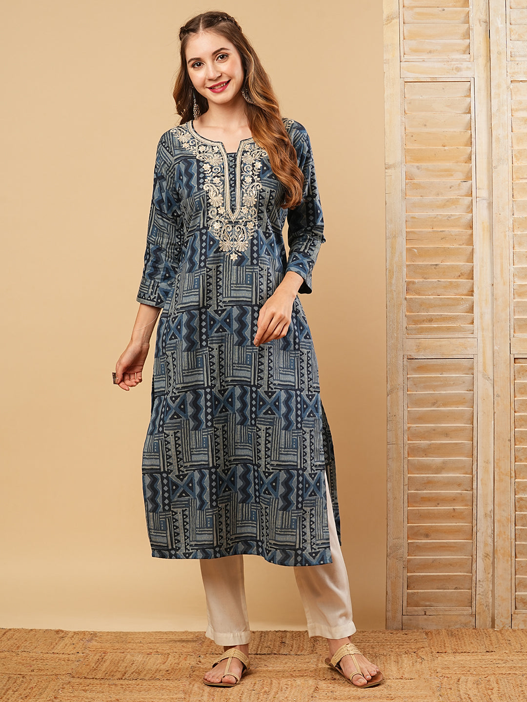 Abstract Printed Resham & Sequins Embroidered Kurta - Blue