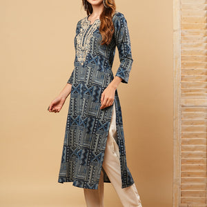 Abstract Printed Resham & Sequins Embroidered Kurta - Blue
