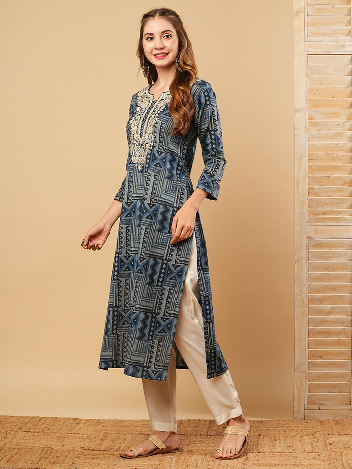 Abstract Printed Resham & Sequins Embroidered Kurta - Blue