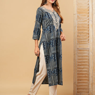 Abstract Printed Resham & Sequins Embroidered Kurta - Blue