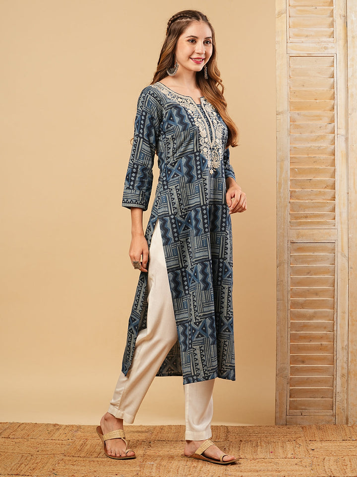 Abstract Printed Resham & Sequins Embroidered Kurta - Blue