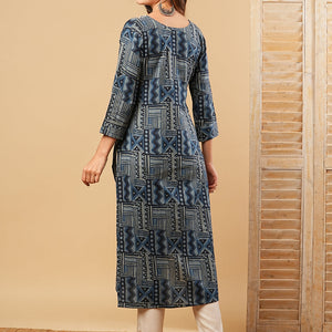 Abstract Printed Resham & Sequins Embroidered Kurta - Blue