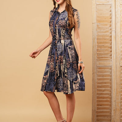 Abstract Printed Straight Fit Kurti with Belt - Blue