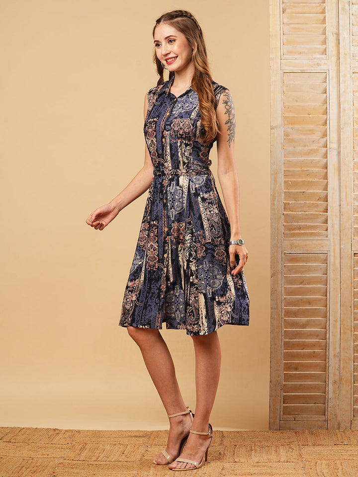 Abstract Printed Straight Fit Kurti with Belt - Blue