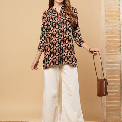 Floral Printed & Mirror Embroidered Straight Fit Kurti - Black