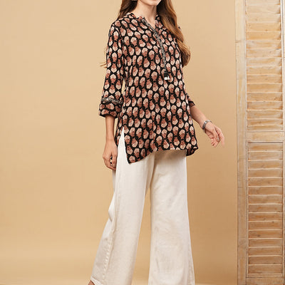 Floral Printed & Mirror Embroidered Straight Fit Kurti - Black