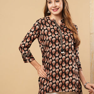 Floral Printed & Mirror Embroidered Straight Fit Kurti - Black