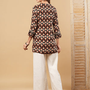 Floral Printed & Mirror Embroidered Straight Fit Kurti - Black