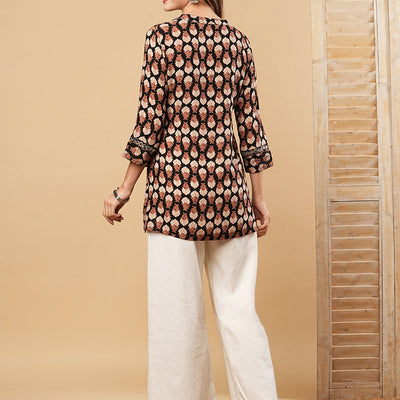 Floral Printed & Mirror Embroidered Straight Fit Kurti - Black