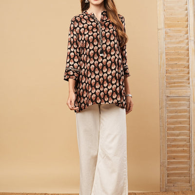 Floral Printed & Mirror Embroidered Straight Fit Kurti - Black