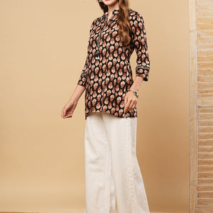 Floral Printed & Mirror Embroidered Straight Fit Kurti - Black