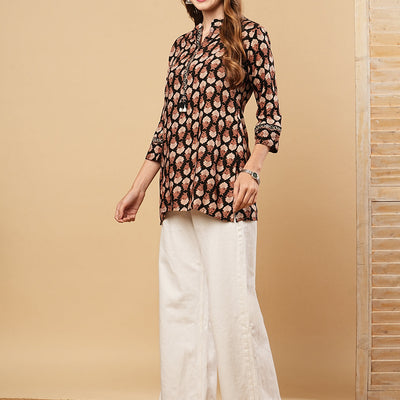 Floral Printed & Mirror Embroidered Straight Fit Kurti - Black