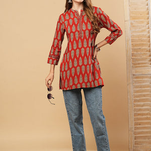 Ethnic Printed & Mirror Embroidered Straight Fit Kurti - Rust