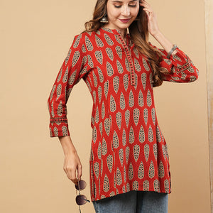 Ethnic Printed & Mirror Embroidered Straight Fit Kurti - Rust