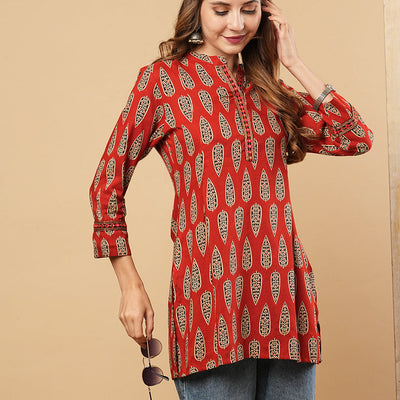 Ethnic Printed & Mirror Embroidered Straight Fit Kurti - Rust