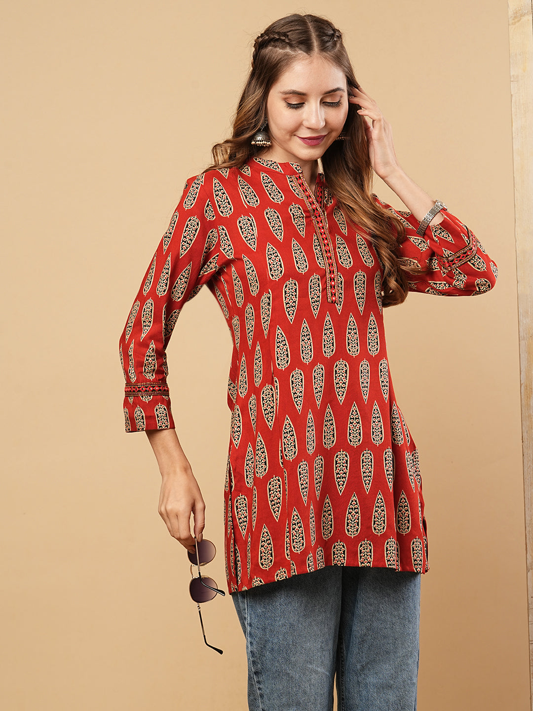 Ethnic Printed & Mirror Embroidered Straight Fit Kurti - Rust