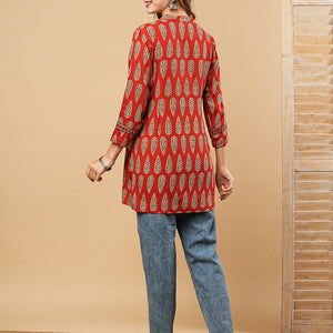 Ethnic Printed & Mirror Embroidered Straight Fit Kurti - Rust