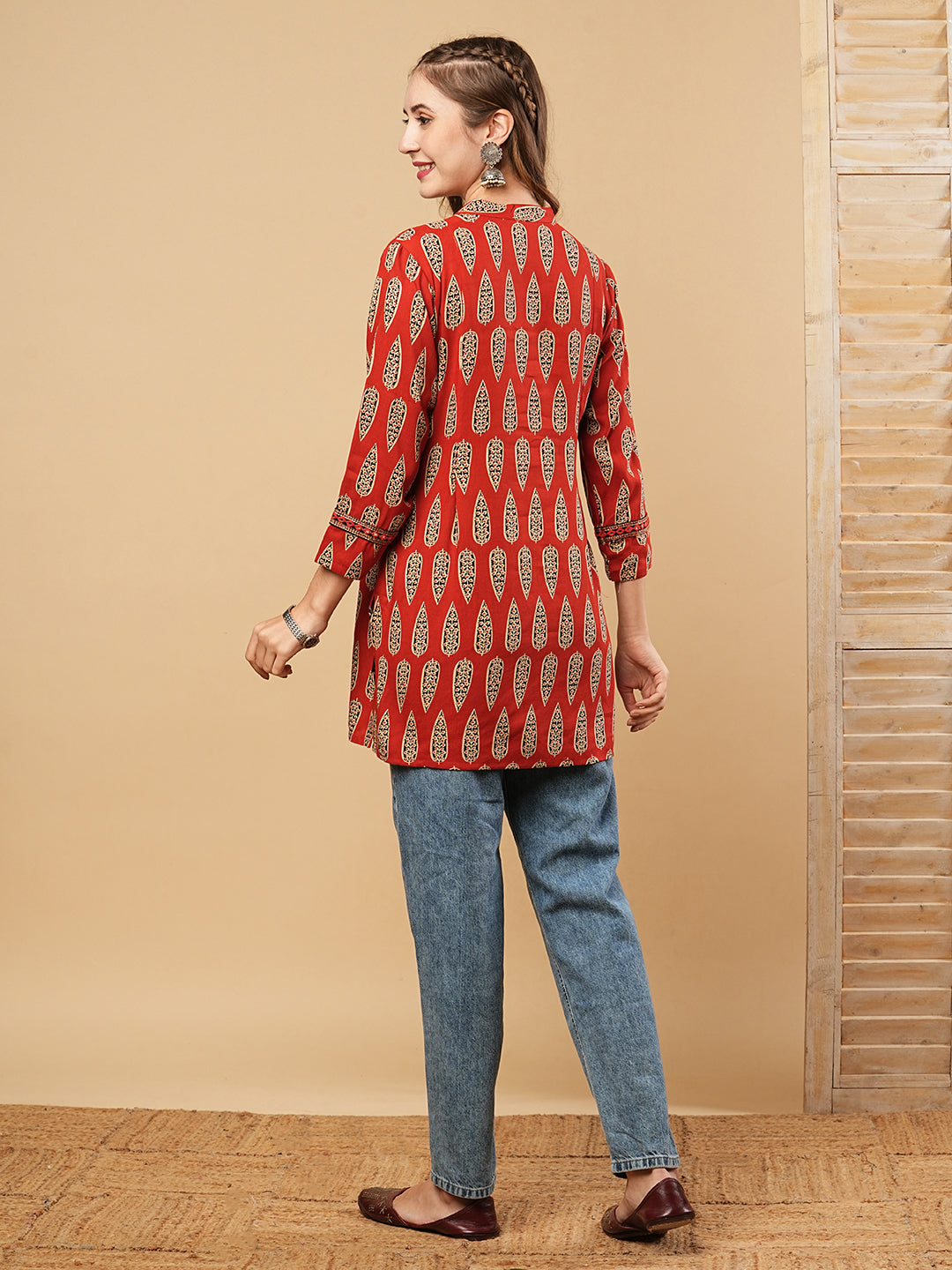 Ethnic Printed & Mirror Embroidered Straight Fit Kurti - Rust