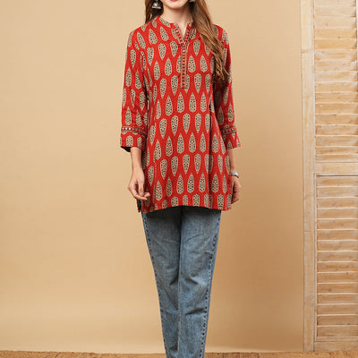 Ethnic Printed & Mirror Embroidered Straight Fit Kurti - Rust