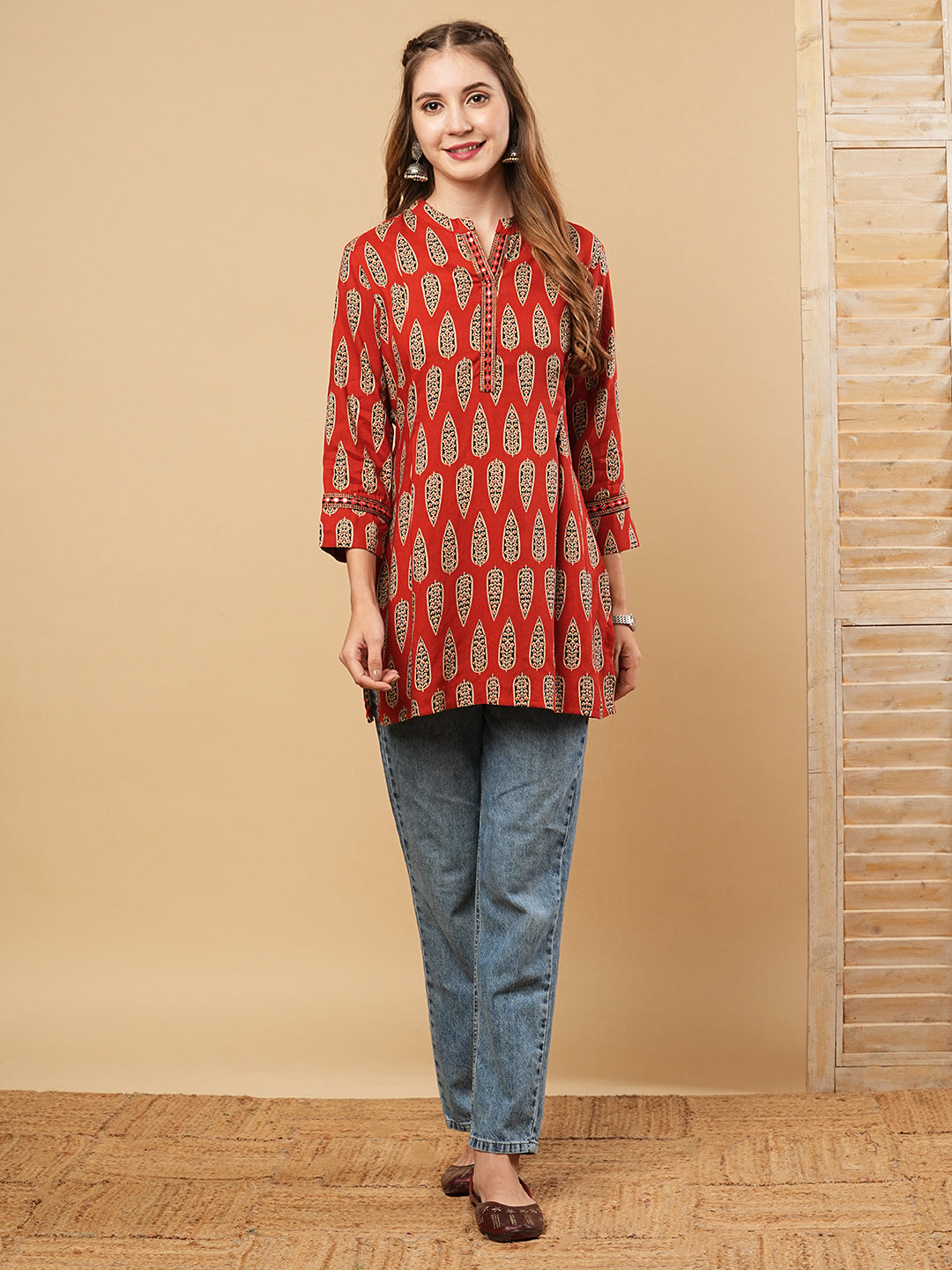 Ethnic Printed & Mirror Embroidered Straight Fit Kurti - Rust