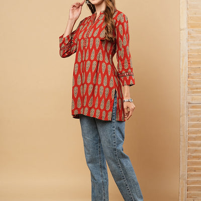 Ethnic Printed & Mirror Embroidered Straight Fit Kurti - Rust